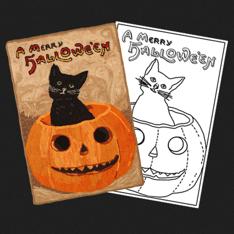 Halloween Cat & Pumpkin Postcard Rug Kit or Pattern